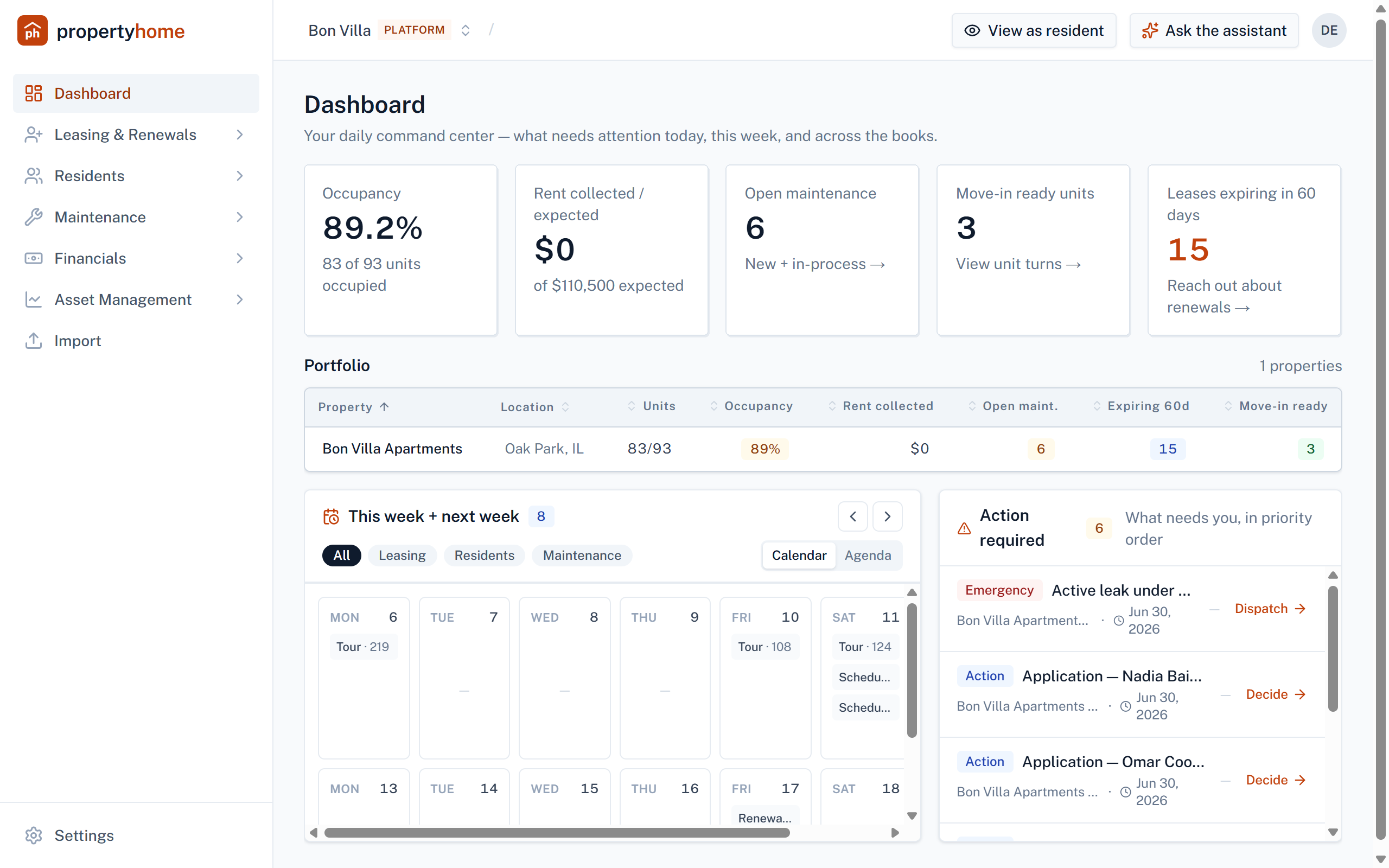 Bon Villa dashboard in PropertyHome